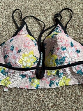 Floral Lace Bralette with Black Trim - Pink/Yellow